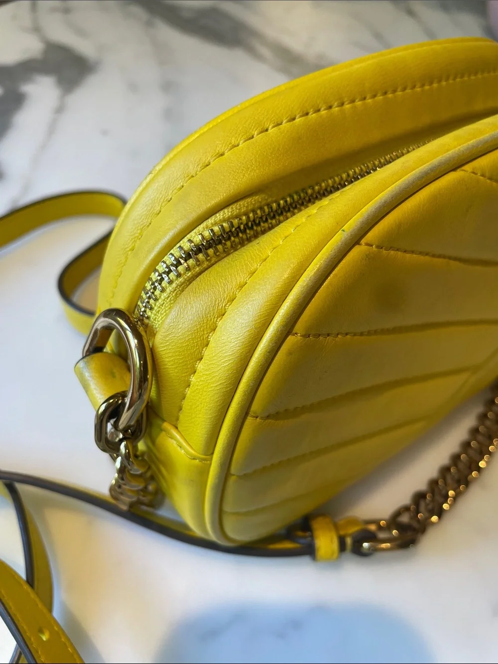 Tory Burch Kira Lemon Yellow Quilted Leather Crossbody Camera Bag